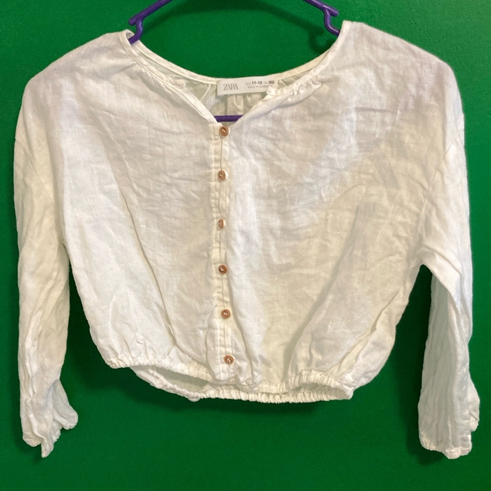 Zara Girls size 11-12 linen white cropped peasant blouse